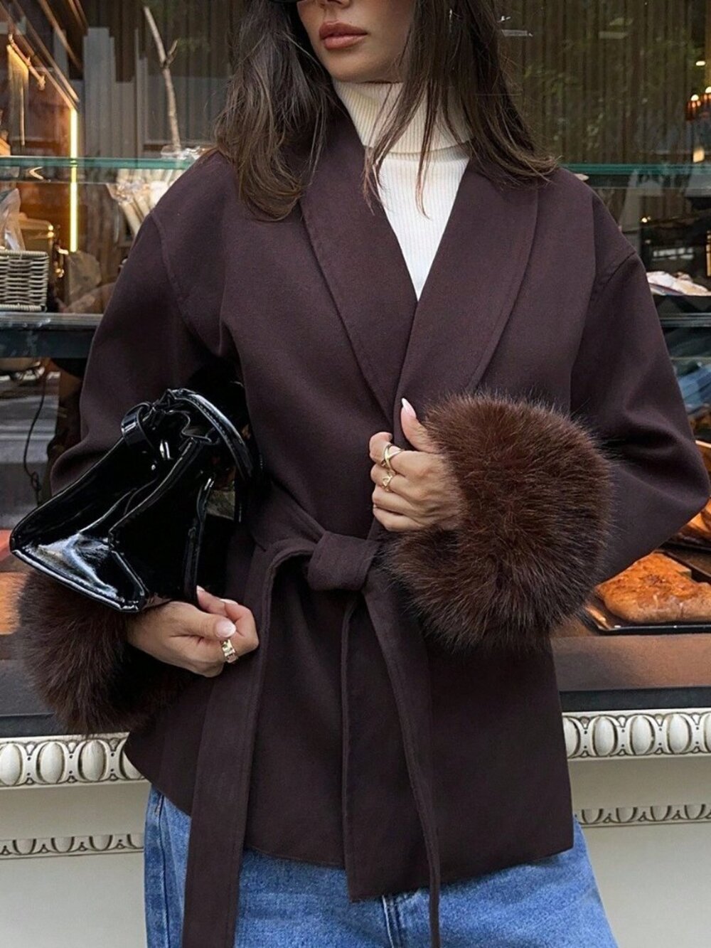 Coffee Brown Casual Women's Fuzzy Cuff Overcoat - Picture 3 of 8